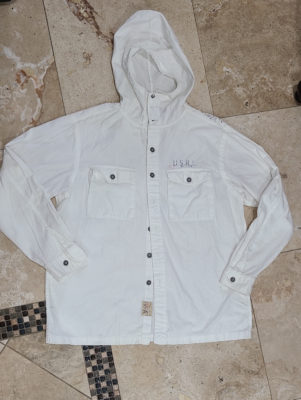 Ralph Lauren White Hooded Shirt Jacket with Navy Polo Label